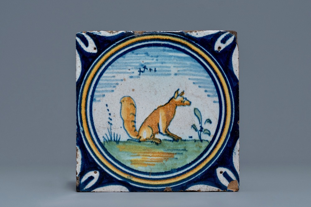 A polychrome Dutch maiolica 'fox' tile, late 16th C.